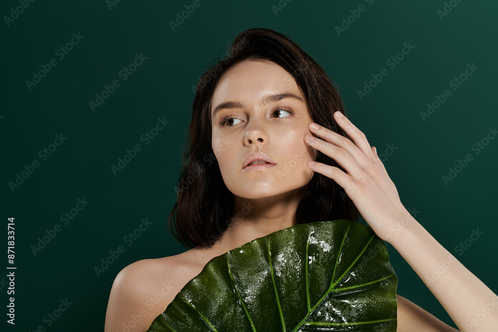 Wall mural A woman with dark hair poses against a vibrant green backdrop, her hand resting gently on her cheek.