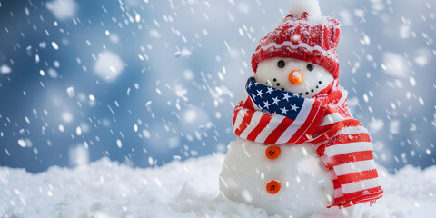 A snowman wearing an American flag scarf.


