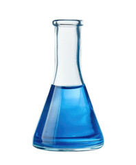 laboratory test glass with blue liquid isolated on white or transparent png