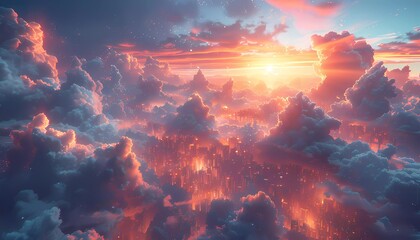 Fototapeta premium Digital Cloudscape: The Infinite Library, surreal landscape where clouds transform into digital shelves storing documents of various shapes and sizes