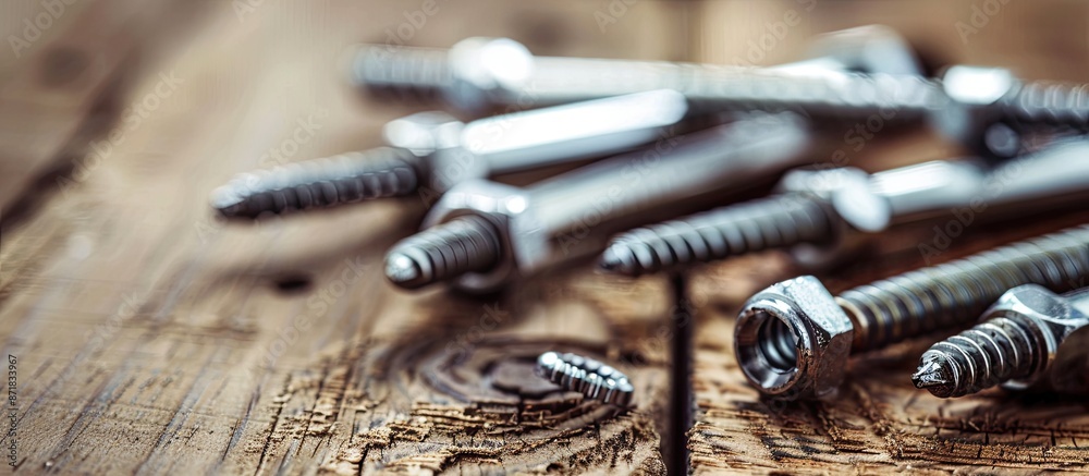 Poster A close-up view of screws and screwdrivers arranged on a wooden surface with copy space image.
