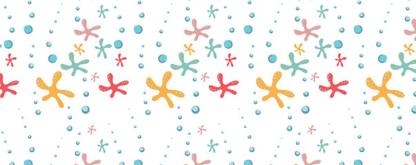 Undersea world. Abstract drawing of starfish underwater. Vector Pattern with bubbles and sea inhabitants of the underwater depths.  Seamless pattern for fabric, textile, wallpaper, cards.