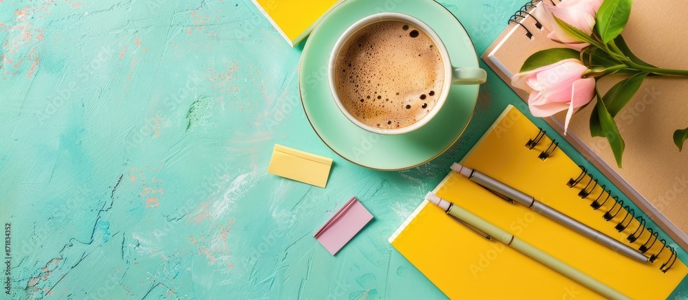 Leinwandbilder light background with potential for text featuring notebooks, pens, sticky notes, and a cup of coffe