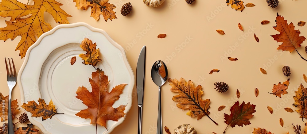 Leinwandbilder above view of fall-themed table setting with golden oak leaves, cutlery on beige backdrop; banner wi