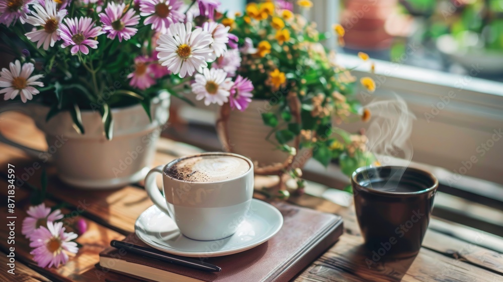 Sticker Coffee and flowers next to a notebook