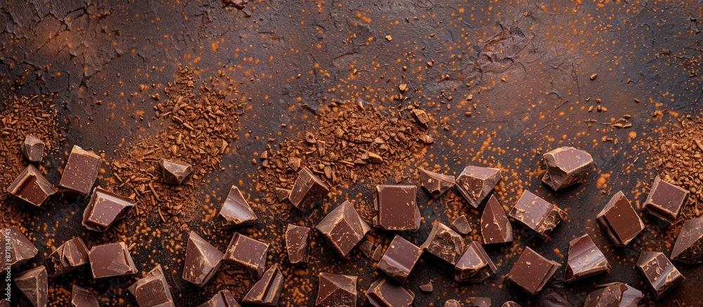 Poster chocolate chunks sprinkled with cocoa, with space for text.