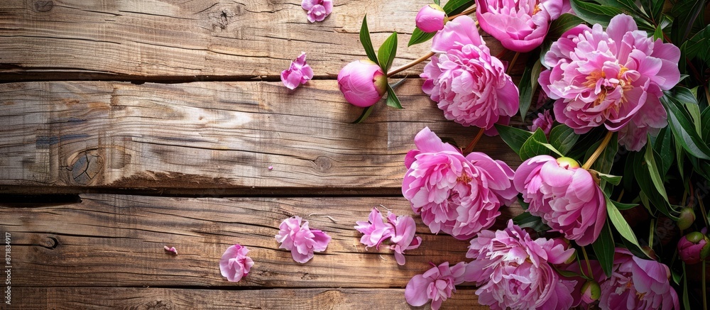 Poster peonies in pink bloom on a rustic wooden table, ideal for a copy space image.