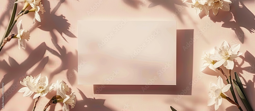 Poster top view close-up of a blank card mockup against a soft pastel backdrop, adorned with shadows of nar