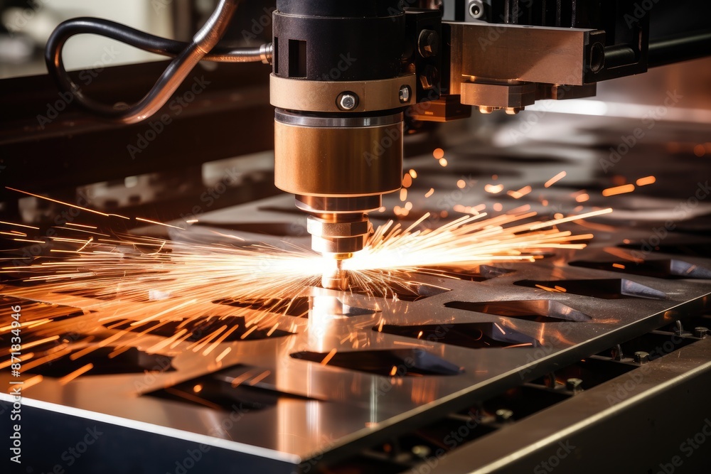 Aufkleber close-up of cnc laser cutting machine producing sparks while working on a metal piece