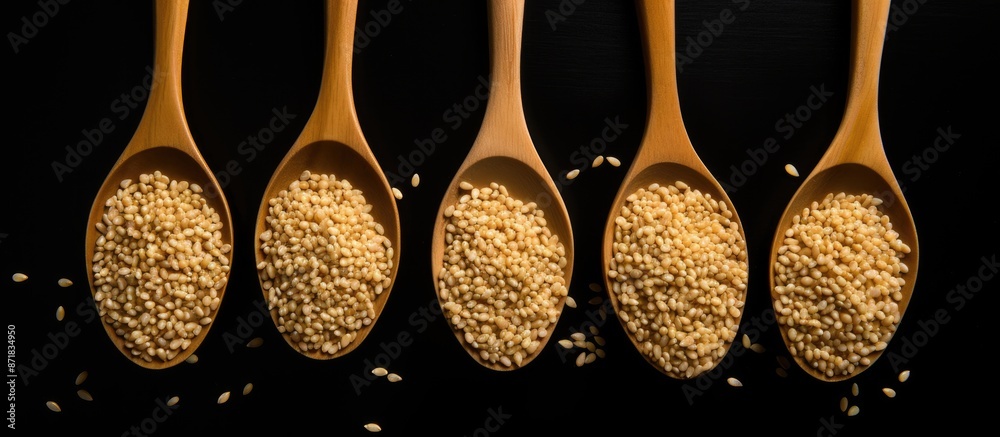 Poster toasted organic sesame seeds in a wooden spoon on a black background. close-up, top view flat lay wi