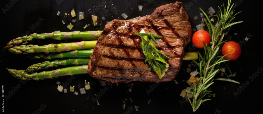 Leinwandbilder top view of a succulent grilled fillet mignon steak served with roasted asparagus on a black backgro
