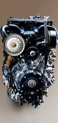 Close-up view of a detailed internal combustion engine showcasing mechanical components and engineering intricacies.