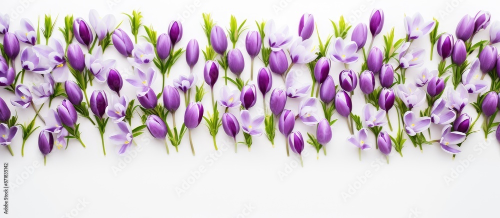 Poster top-down view of lovely spring snowdrops and violet crocuses arranged on a white backdrop, with ampl
