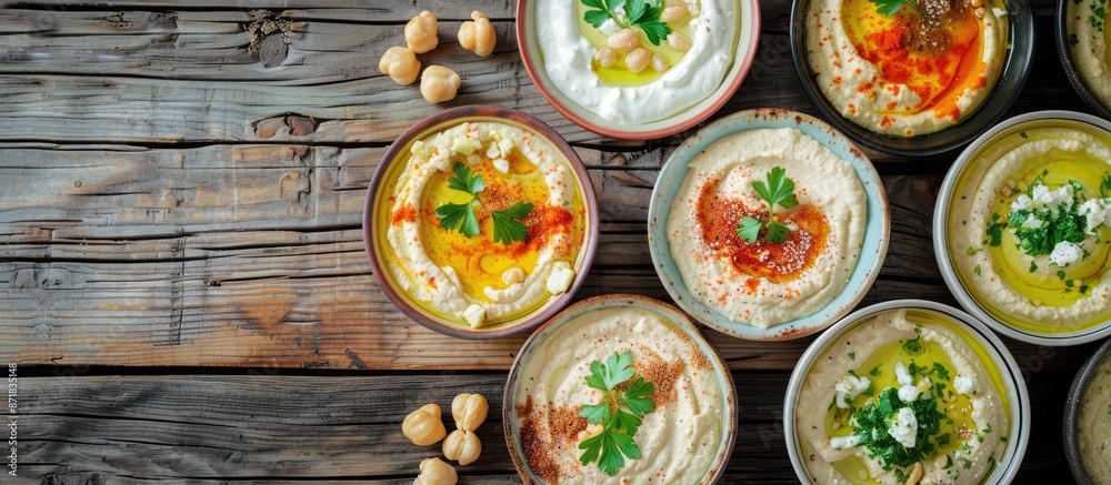 Poster various delectable hummus varieties presented on a wooden surface in a flat lay composition, featuri