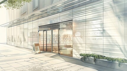 detailed illustration of a high-end retail space, its fa? section ade made from custom-etched aluminum siding to attract upscale shoppers
