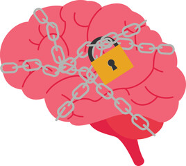 Fixed mindset, negative emotion, refusal to learn anything new, fearful or mental lock, suppression or aversion disorder concept, bird cage lock over depressed fearful human brain.

