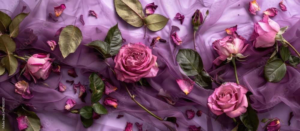 Poster a lovely fashion display of roses on a purple backdrop with scattered leaves and dried rose petals o
