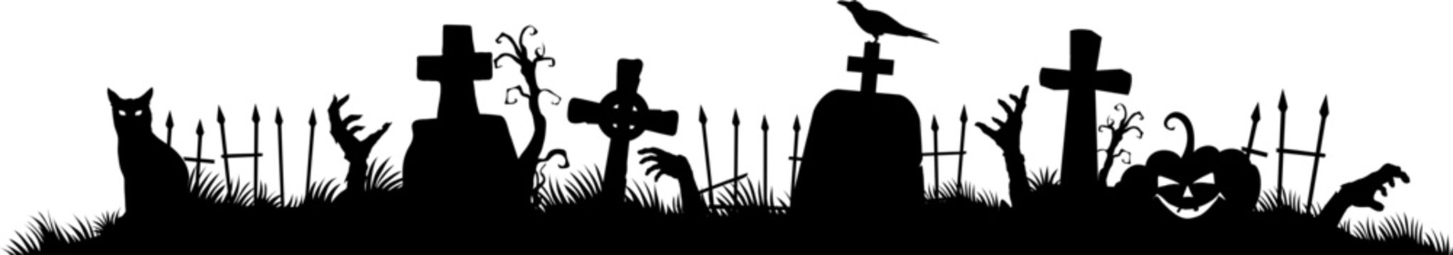Halloween frame border and divider with black silhouettes of zombie hands, pumpkins, tombstones, grave crosses, cat and raven, cemetery fence. Isolated vector spooky decorative holiday elements