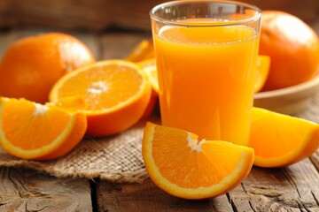 Vibrant close up of a glass with freshly squeezed orange juice and citrus slices