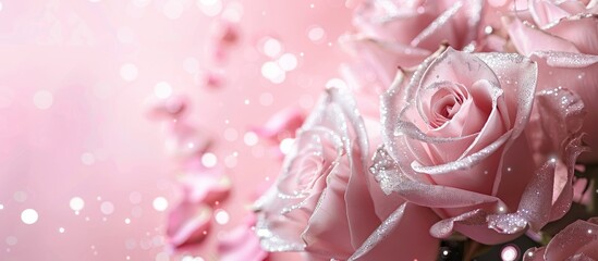 Valentine's Day-themed banner featuring pink background adorned with sparkling silver roses, exuding a feminine touch with a romantic and love-inspired concept. Ideal for copy space image.