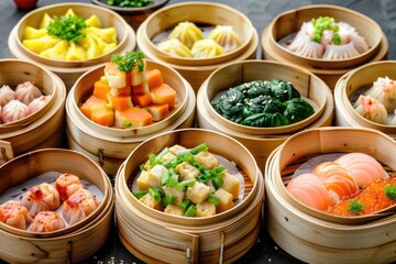 Assorted dim sum in bamboo steamers ready to be served.