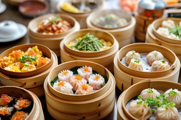 Assorted dim sum in bamboo steamers ready to be served.