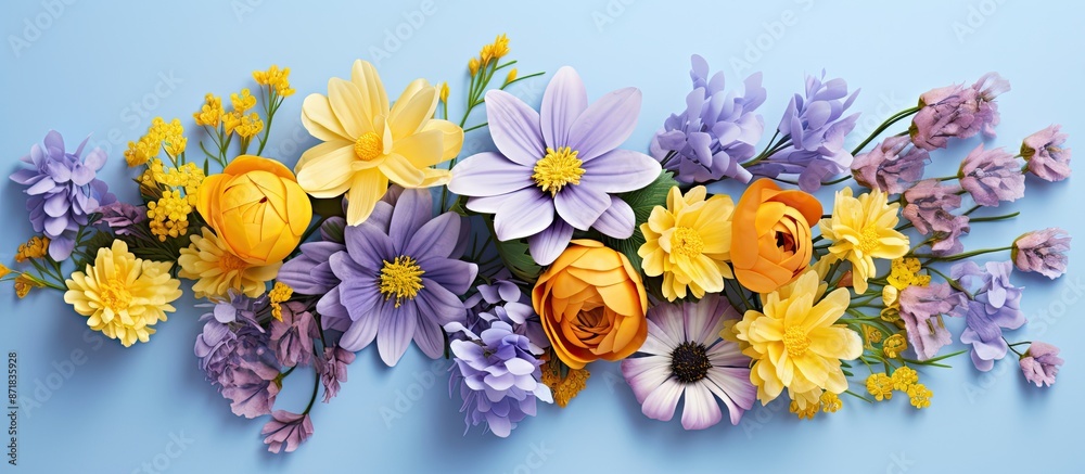 Aufkleber a floral arrangement with yellow and purple flowers set on a soft blue backdrop, symbolizing spring 