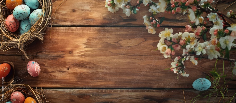 Poster easter-themed wooden table with ample copy space image.
