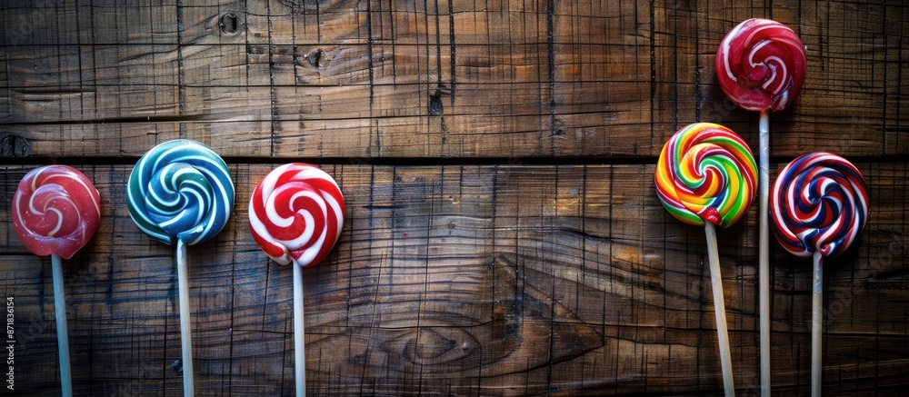 Poster Top view of sweet lollipops on a rustic wooden background creating an appealing copy space image.