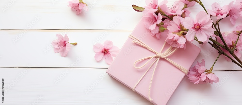 Sticker spring photography of lovely pink notebooks, flowers, a gift, and clothespins on a white wooden back