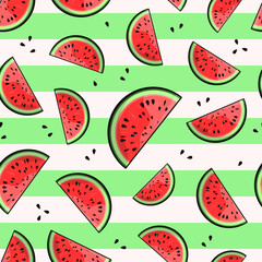 Watermelon vector seamless pattern. Cut slices and seeds on white and green striped background. Best for textile, wallpapers, wrapping paper, package and your design.