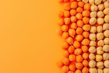 Fototapeta premium Chickpeas and lentils arranged on an orange background with ample negative space on the left. Food photography, culinary arts, vegetarian diet, health benefits, cooking ingredients concepts.