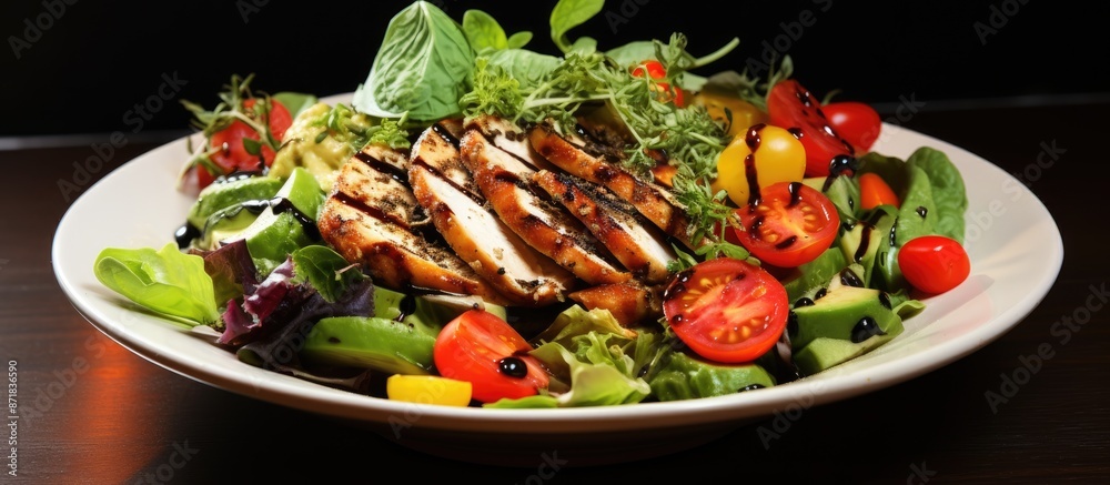 Aufkleber an appetizing salad with diverse colors and grilled chicken crowns a white plate with ample copy spa