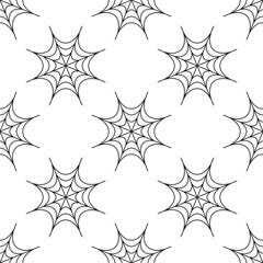 Black spider web on white background. Halloween vector seamless pattern. Best for textile, print, wrapping paper, package and festive decoration.