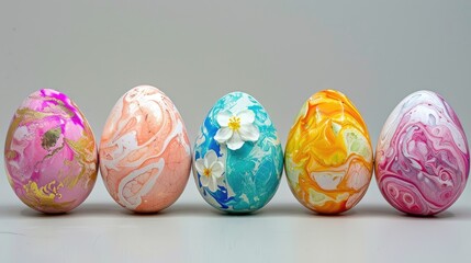 Fototapeta premium Eggs painted with marbled stone effect using natural dye with flower design on grey shiny backdrop