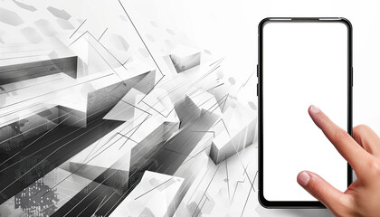 Mobile phone PNG transparent screen mockup, finger touching, tapping on smartphone, gray and white digital graphic arrow background