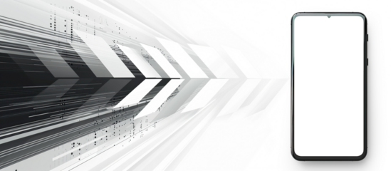 Mobile phone PNG transparent screen mockup, smartphone, gray and white digital graphic arrow background, copy space