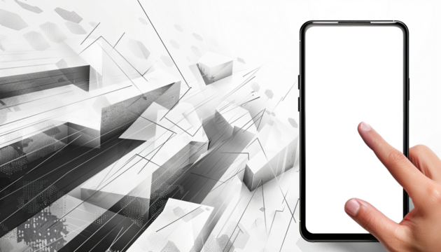 Mobile phone PNG transparent screen mockup, finger touching, tapping on smartphone, gray and white digital graphic arrow background