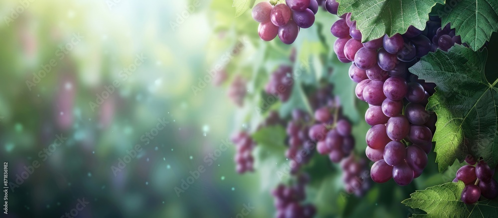 Poster Cluster of grapes hanging from the vine alongside verdant foliage, creating a picturesque scene with copy space image.