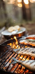 Grilled fish cooking over an open fire in an outdoor setting, flames and sparks flying, with blurred background of trees and dinner plate.