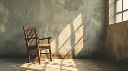 Vintage teak wood chair alone in corner with sunlight