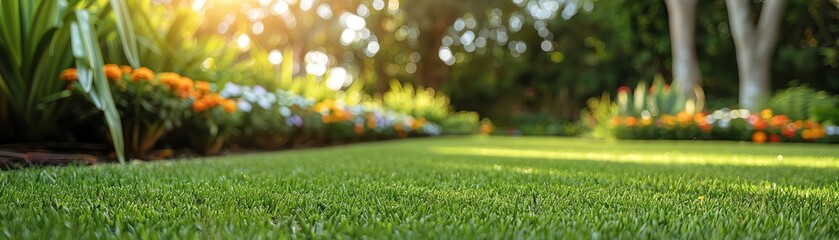 Naklejka premium Sunlit garden with vibrant flowers and lush green grass, capturing the beauty of nature and tranquility of a well-maintained outdoor space.
