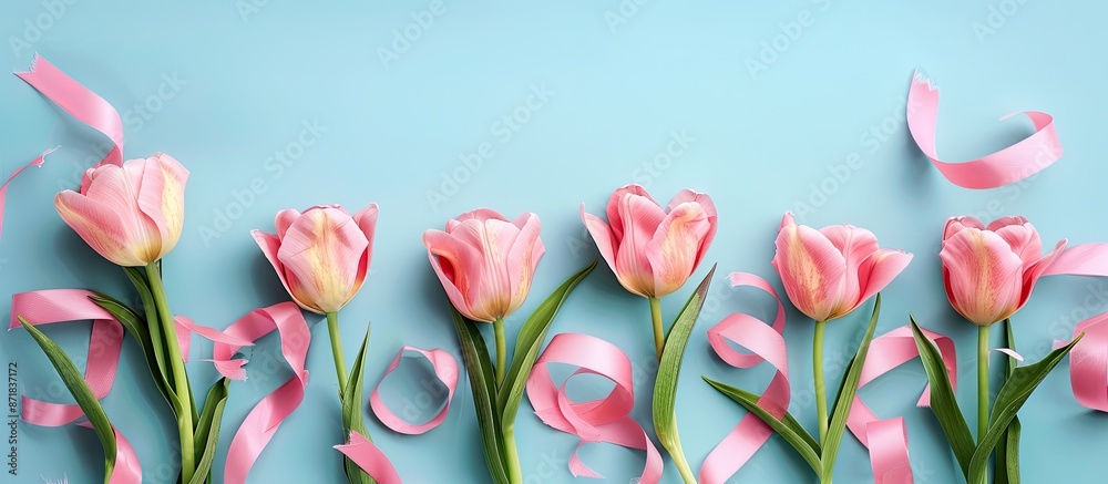 Aufkleber Tulips and ribbons arranged on a blue backdrop, providing a visually appealing composition with copy space image.