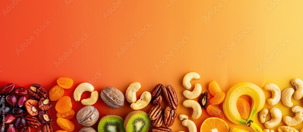 Aufkleber Raw nuts and fruits arranged in a row isolated on a vibrant background with copy space image available.