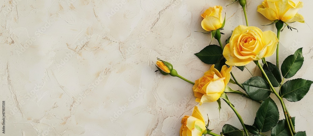 Poster yellow roses adorning a blank card set against a light grey background in a flat lay composition wit
