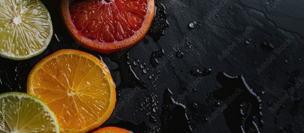 Poster close-up of whole and sliced red, orange, and lime on a black background, perfect for a postcard or 