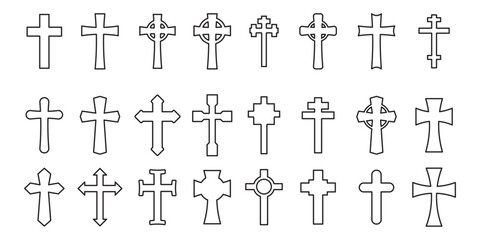 Christian cross vector thin line icon set, Jesus Christ outline style., religion symbol, Easter, Christening. Holy Spirit. Religious. sign and symbol Vector illustration.