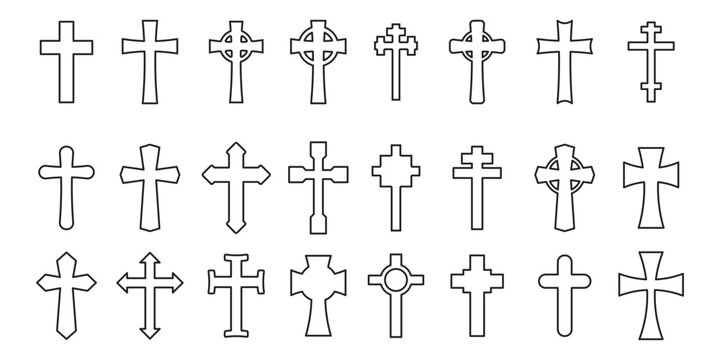 Christian cross vector thin line icon set, Jesus Christ outline style., religion symbol, Easter, Christening. Holy Spirit. Religious. sign and symbol Vector illustration.