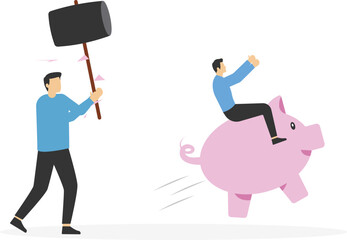 Businessman riding a piggy bank to escape crisis and business troubles. management and savings concept

