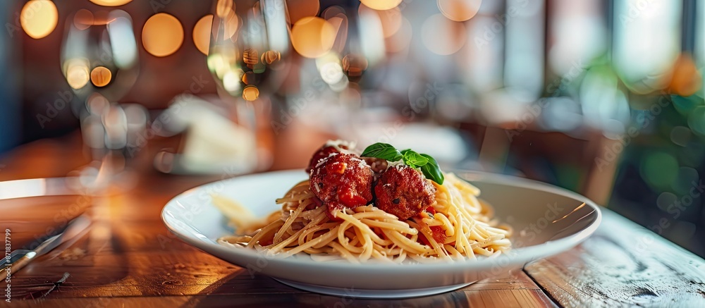 Aufkleber Selective focus on a plate of spaghetti and meatballs on a table with a copy space image available.